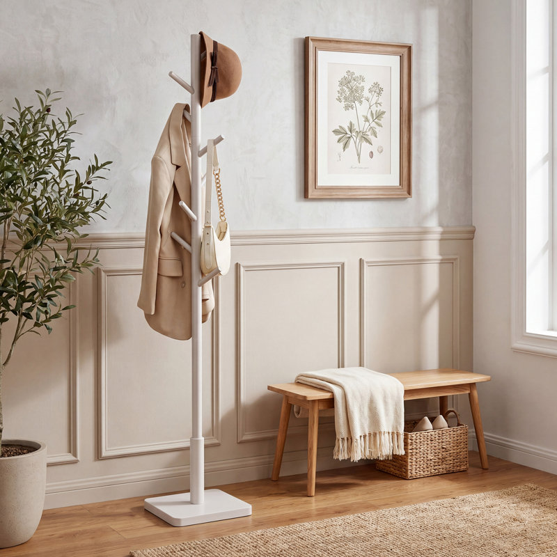 Trikomou Solid Wood 8-Hook Freestanding Coat Rack, Light Gray