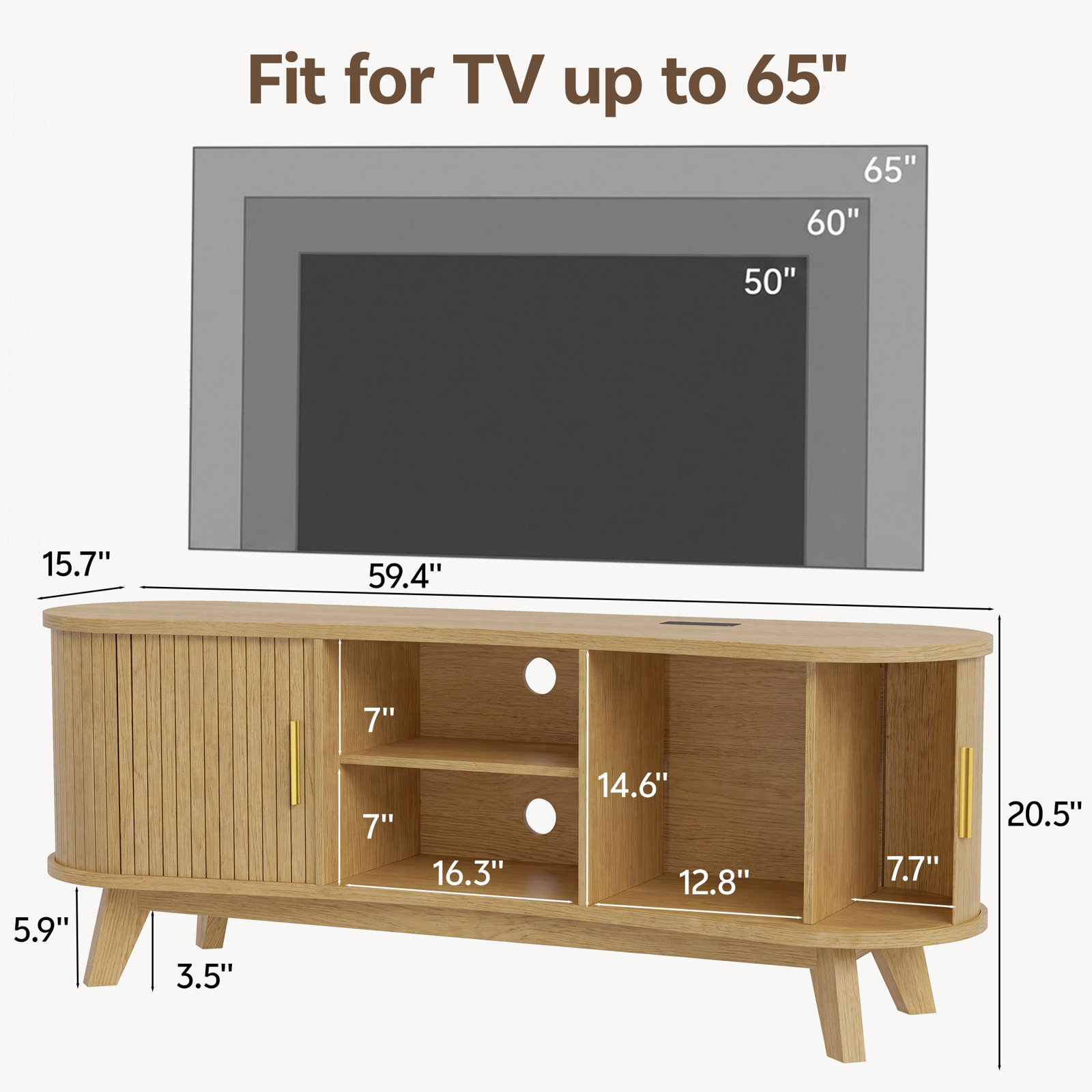  Modern Wooden TV Stand with Slatted Sliding Doors