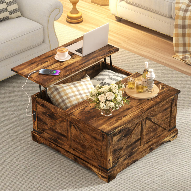 Table basse à plateau relevable avec rangement, Brun rustique, H 17,1 po x L 28,8 po x l 28,8 po