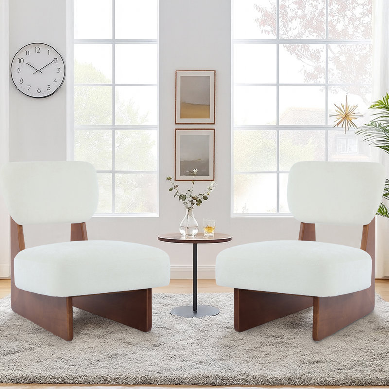 Ensemble de 2 chaises de salon rembourrées en polyester Comfy, Blanc, Noyer