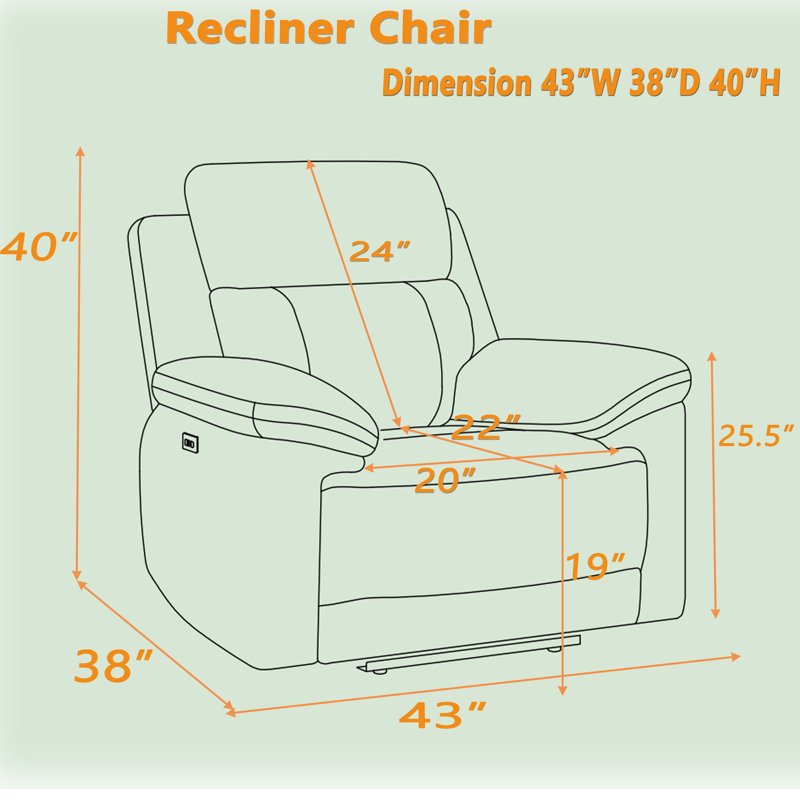43" Wide Upholstered Power Reclining Chair With Usb Ports, Dark Gray