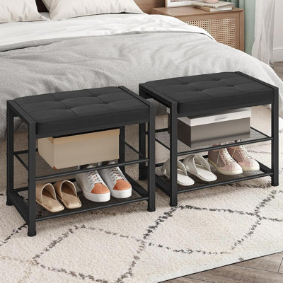 3-Tier Shoe Storage Bench with PU Cushioned Seat, Metal Mesh Shelves, Compact Entryway Shoe Rack Organizer, Freestanding Hallway Bench, Black