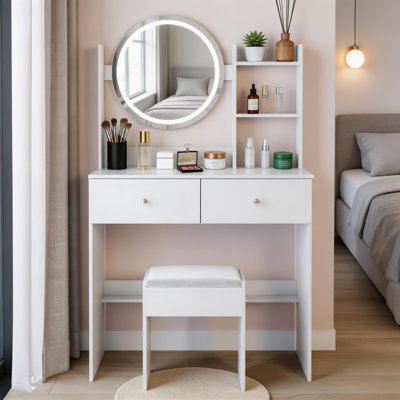 Ensemble de meuble-lavabo à miroir rond de 17 pouces à DEL avec tabouret doux, lumière tactile à intensité variable 3 couleurs, plateau de table spacieux et rangement multicouche, idéal pour les petits espaces
