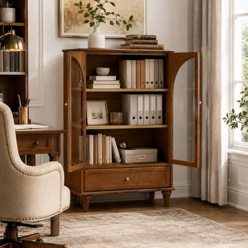 Armoire de rangement rétro avec portes en verre arquées pour la cuisine, noyer
