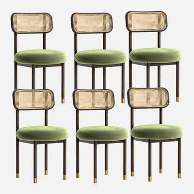 Mid-Century Modern Dining Chairs With Upholstered Seat And Rattan Back - Wood Leg Accent Chairs