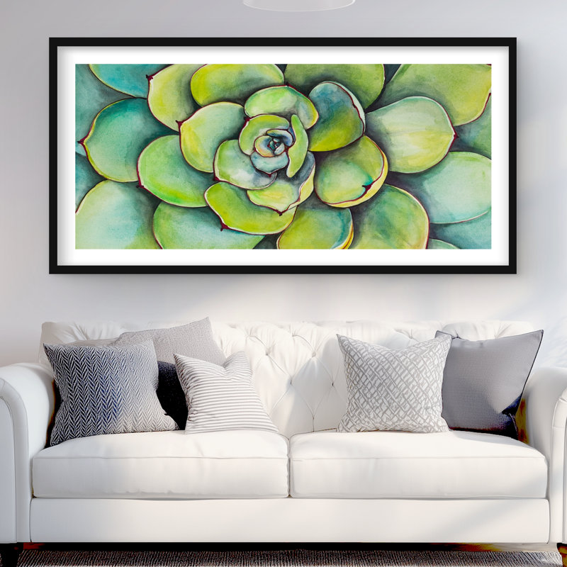 «Watercolor Succulent Plant - Green Flowers», reproduction encadrée, H 48 po x l 24 po, Noir