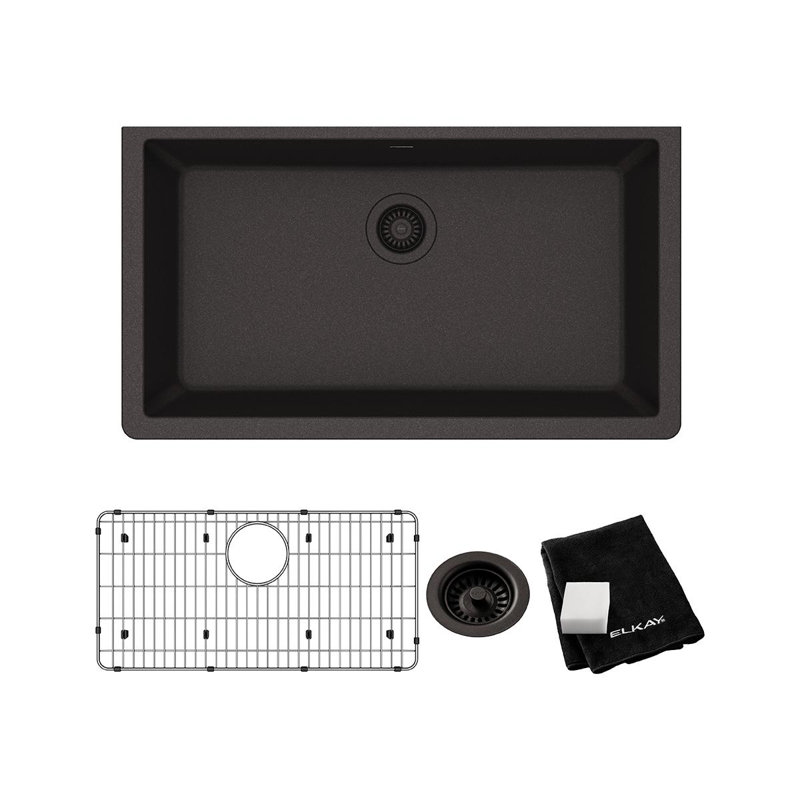 Quartz 33" x 18-7/16" x 9-7/16" Undermount Kitchen Sink with Basket Strainer, Black