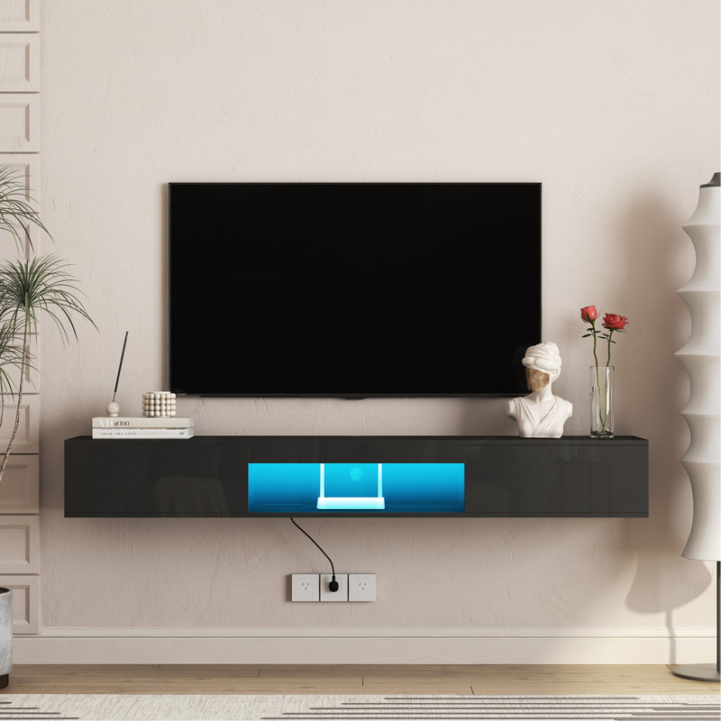 Meuble télé flottant mural avec 16 DEL de couleur, meuble télé moderne de 69 po, meuble télé flottant pour téléviseur 55 60 et 65 pouces, noir