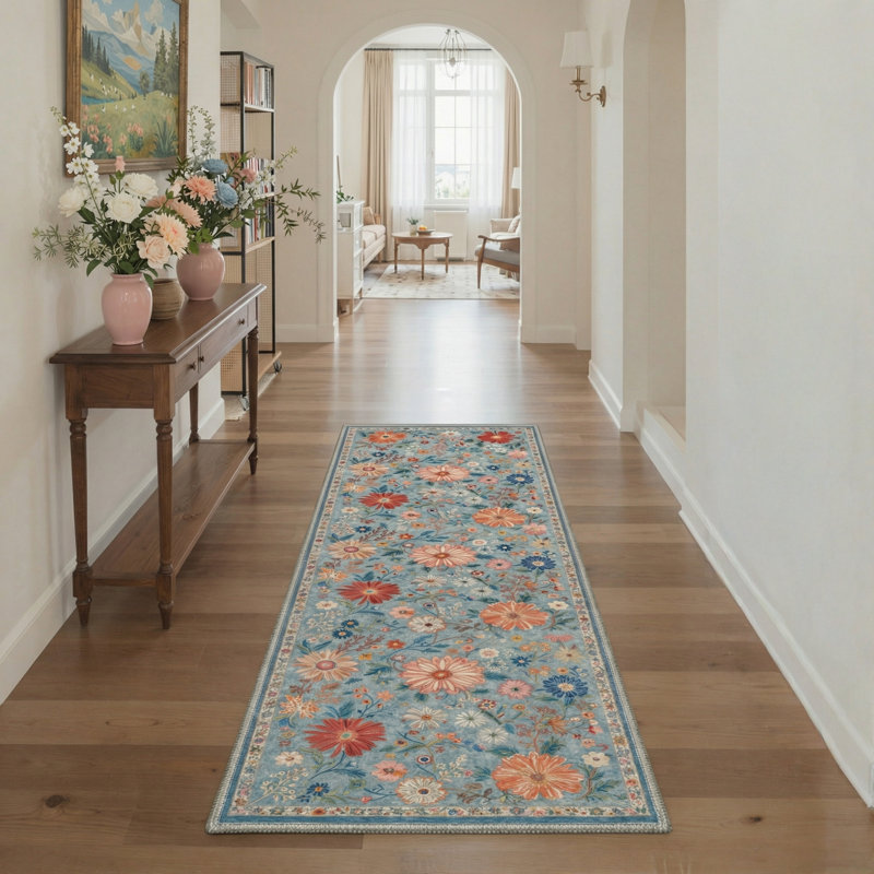 Acker Veridian Floral Machine Washable Blue / Red Indoor Area Rug with Non-Slip Backing, Runner 2' x 6'