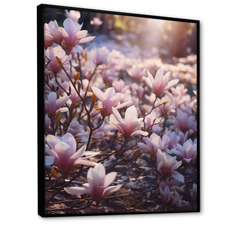Rose, brun, magnolia, nature, sérénité II, H 32 po x l 16 po x P 1 po, Cadre flottant noir