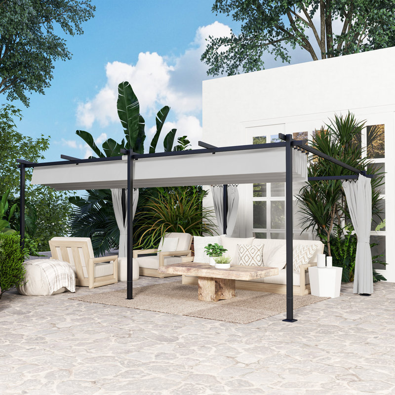 Pergola en métal 10 'x 20' avec auvent rétractable et parois latérales, 90.6" H x 229.1" W x 115" D, Gris
