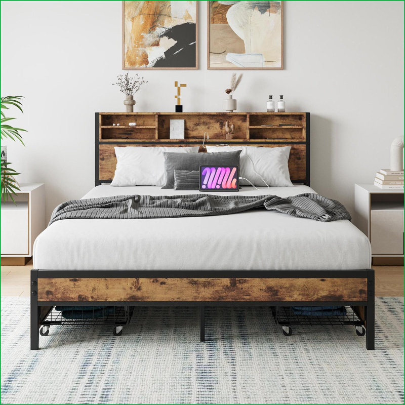 Structure de lit plateforme grand en métal avec tiroirs de rangement et amp; Tête de lit à chargement - aucun sommier nécessaire, sans bruit, pour la chambre à coucher