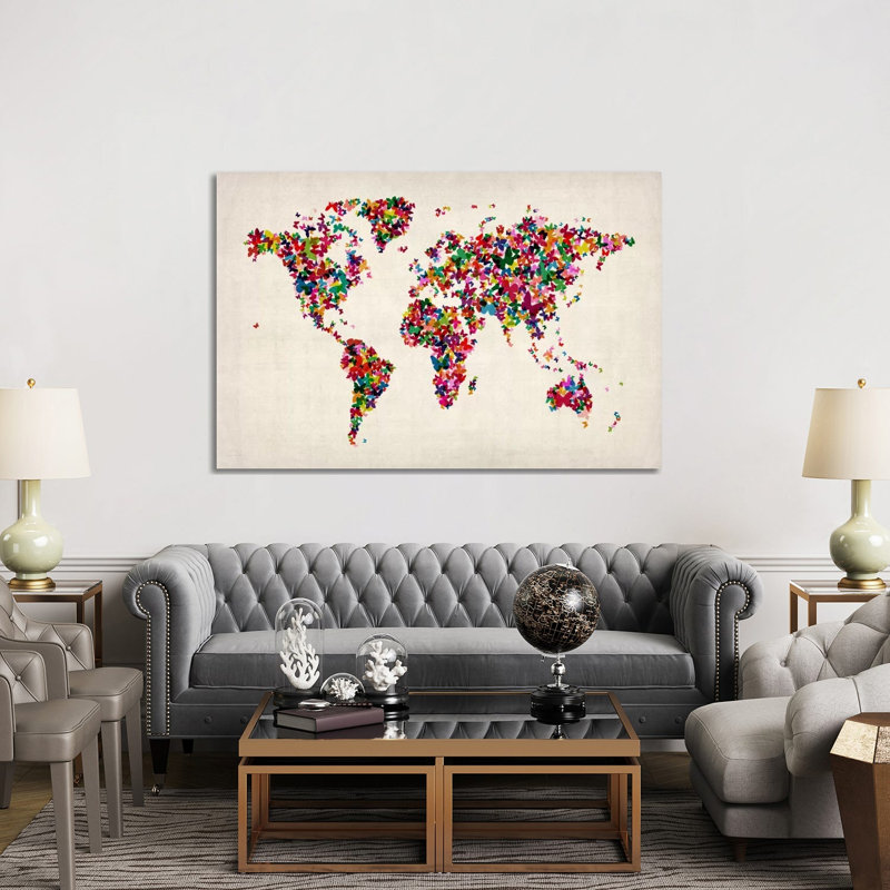 Butterflies World Map II by Michael Tompsett - Wrapped Canvas Painting, 152.5 cm H x 101.5 cm W