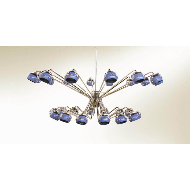 Lustre suspendu 14 lumières à intensité variable, Bleu, Nickel poli, 70" Diameter x 27" Height