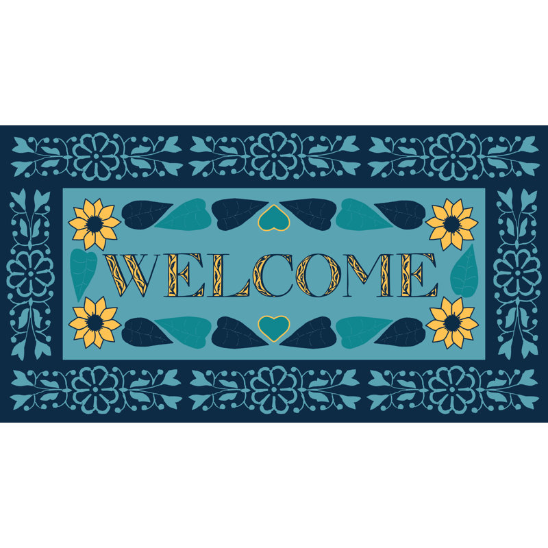 Sunflower Welcome Blue - Painting Print, 61 cm H x 91 cm W, Black Floater Framed