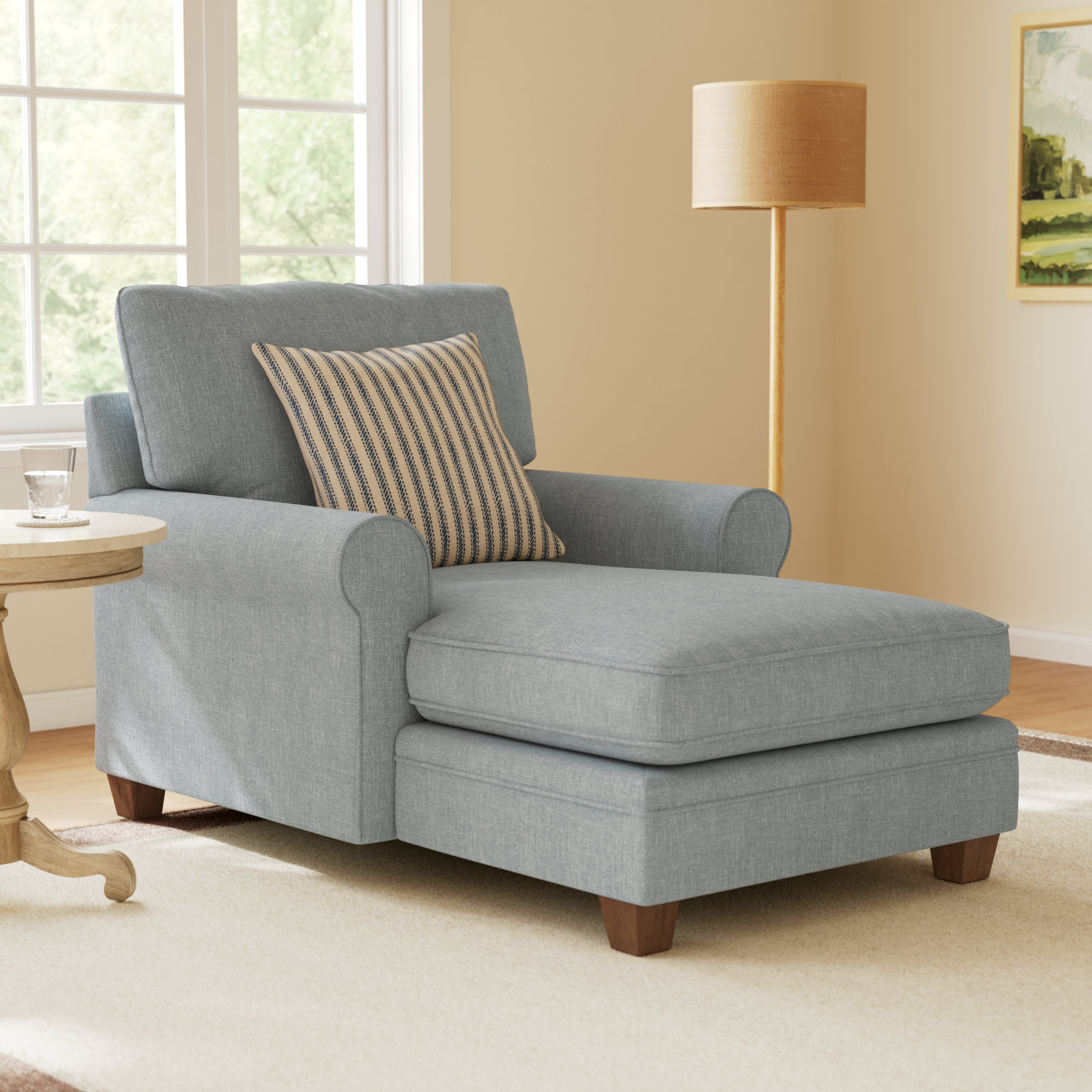 Upholstered Chaise Lounge, Dove Grey Performance, Dark Walnut