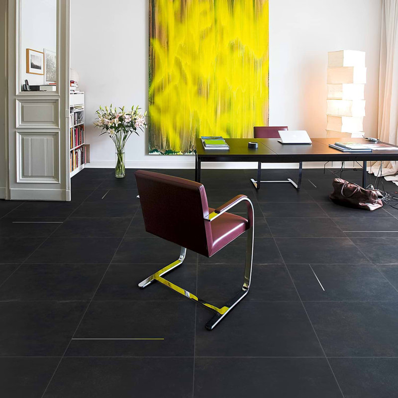 Lines 24x24 Matte Brass Inlay Porcelain Tile, Black