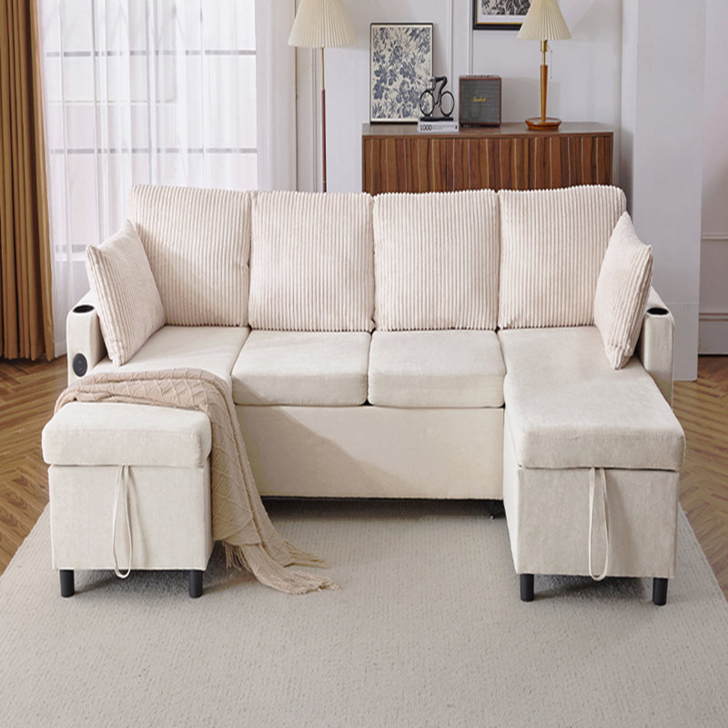 Canapé-lit modulaire de 113,4 po avec canapé-lit polyvalent avec grand espace de rangement, deux ports USB et deux porte-gobelets pour le salon, beige