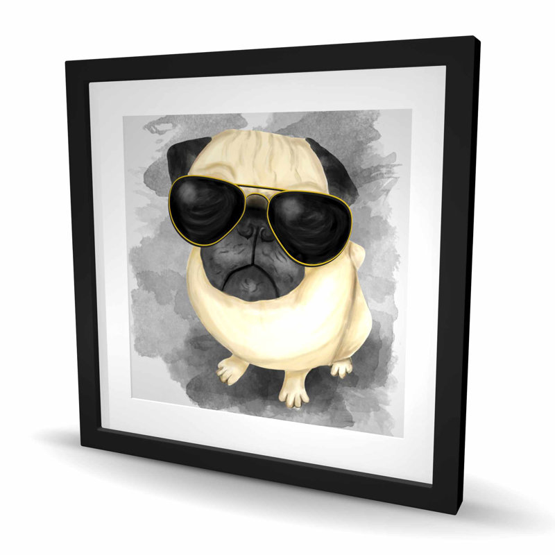 Pug with Style - Framed Matted Print for Bedroom Decor, 24" H x 24" W, Black
