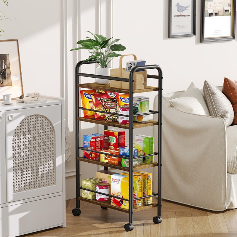 Chariot de rangement sur roulettes à 4 niveaux, tablette utilitaire étroite avec roulettes, rangement profond de 9,1 po pour la cuisine, la salle de bain et la salle de lavage (brun rustique)