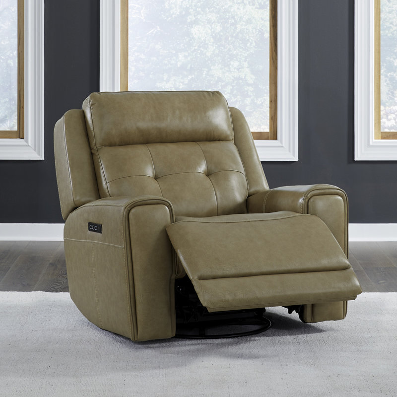 Iavor Swivel Glide Leather Power Recliner w/ Charging Ports, Tan