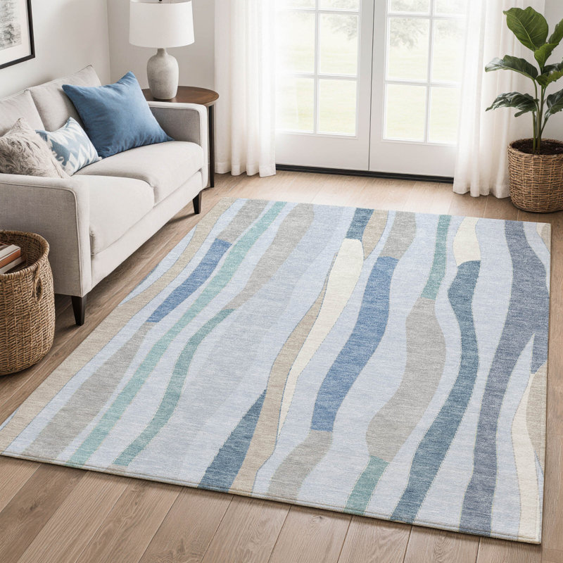 Premium Machine Washable Mayfield AMF2188 Striped Rug, Sky, 2'6" x 3'10"
