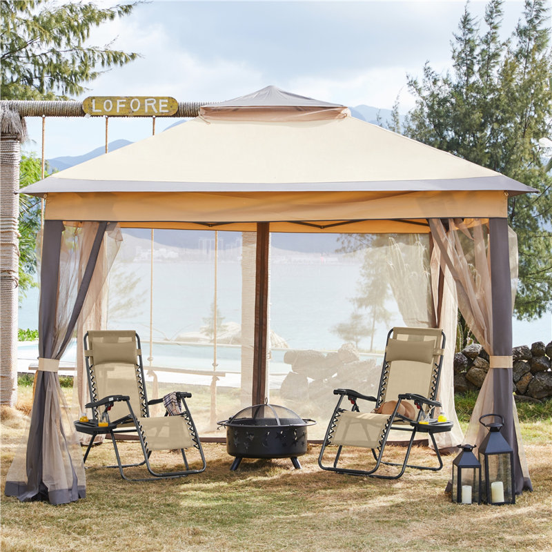 Metal Pop-Up Gazebo, Khaki/Brown, 291cm H x 333cm W x 333cm D