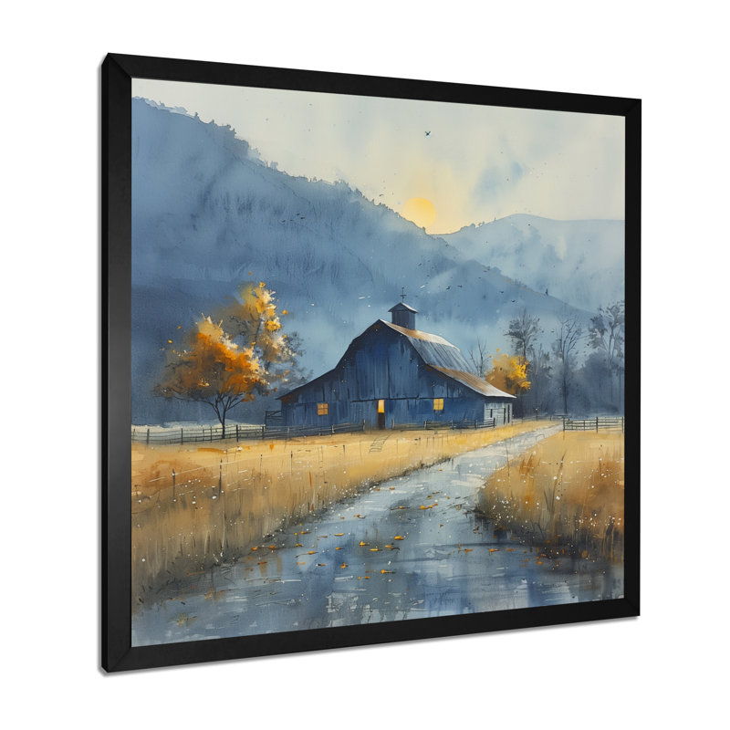 «Yellow Autumn Barn Golden Hour II - Barn Wall Art Living Room», Toile encadrée noire simple, H 30 po x l 30 po x P 1 po