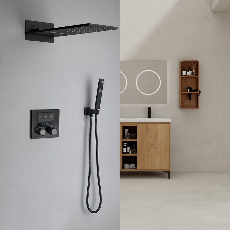 3-Function Digital Display Thermostatic Shower System With Waterfall & Rainfall Showerhead, Hand Shower