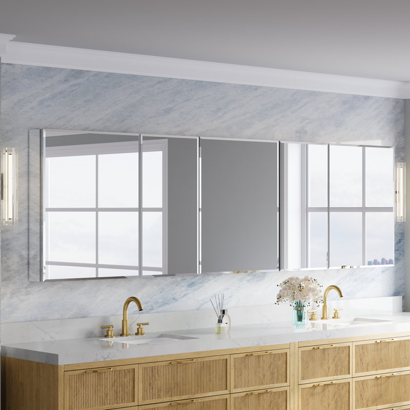 104''W X 30" H Recessed or Surface Mount Bathroom Mirror Beveled Medicine Cabinet Combo  With Adjustable Glass Shelves