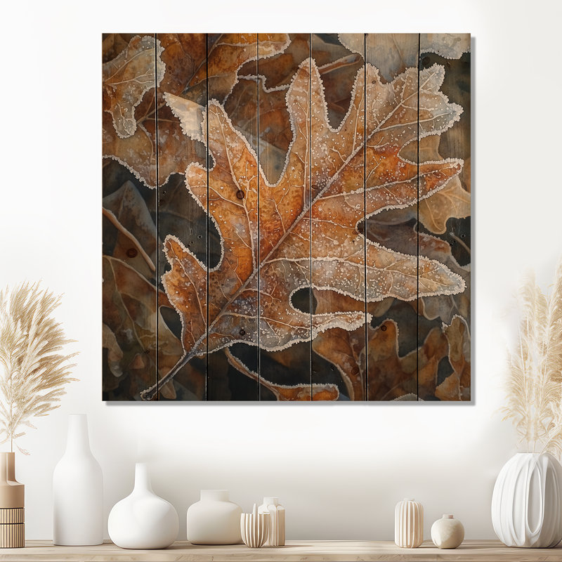 Frosty Oak Leaf II - feuilles, art mural sur bois de pin naturel, H 25 po x l 25 po x P 0,78 po