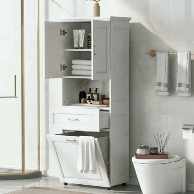Grande armoire de salle de bain avec panier à linge, grand panier à linge inclinable et armoire de rangement supérieure