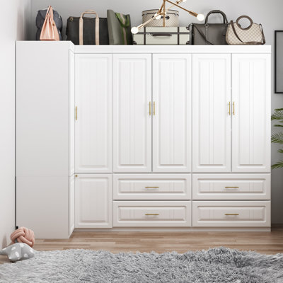 Large Corner Wardrobe With Gold Handles And Drawers - 98.4" W X 74.2" H
