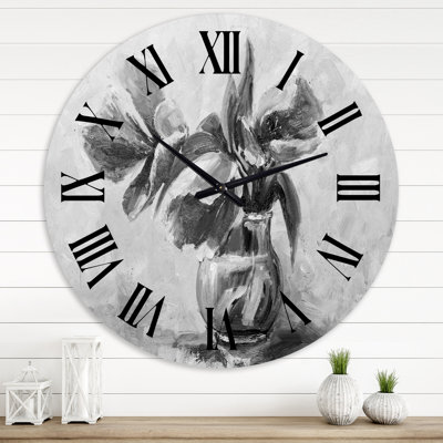 Monochrome Still Life Of Flowers In A Vase - Traditional wall clock