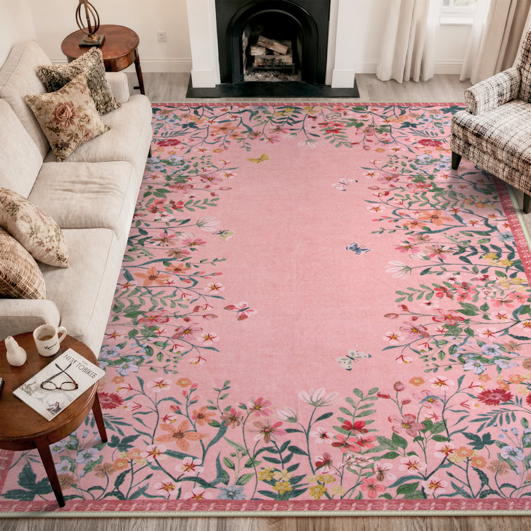 Floral Vintage Washable Pink Area Rug with Non Slip Backing - Low Pile Durable Carpet for Living Room, Bedroom, Dining Room or Office Decor