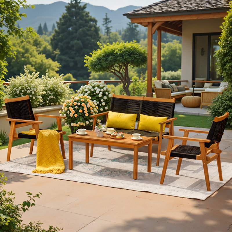 4 Piece Outdoor Seating Group with Rectangular Solid Wood Table, Black