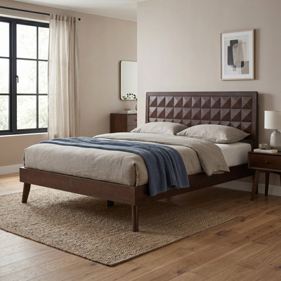 Diamonr Mid-Century Modern Solid Wood Platform Bed with Diamond Headboard - King Size in Espresso Oak