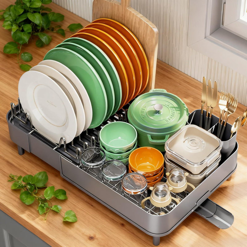 Égouttoir à vaisselle avec porte-couverts, égouttoir à vaisselle pliable en acier inoxydable pour comptoir de cuisine, organisateur à deux sections avec drainage efficace