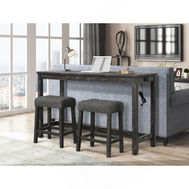 Transitional 24" Wood Counter Stool Set Of 2, Backless Counter Seating With Upholstered Linen Fabric Cushion, Kitchen/Dining Room Furniture, Charcoal Black
