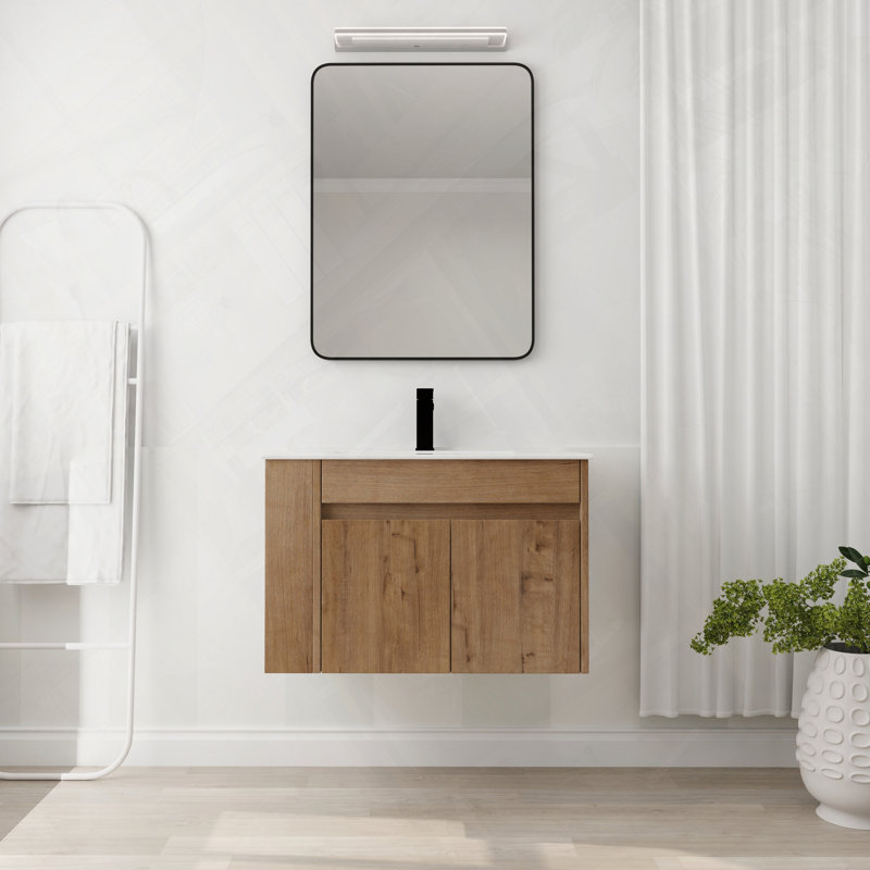 Meuble-lavabo de salle de bain avec lavabo en céramique blanche et tablette ouverte réglable