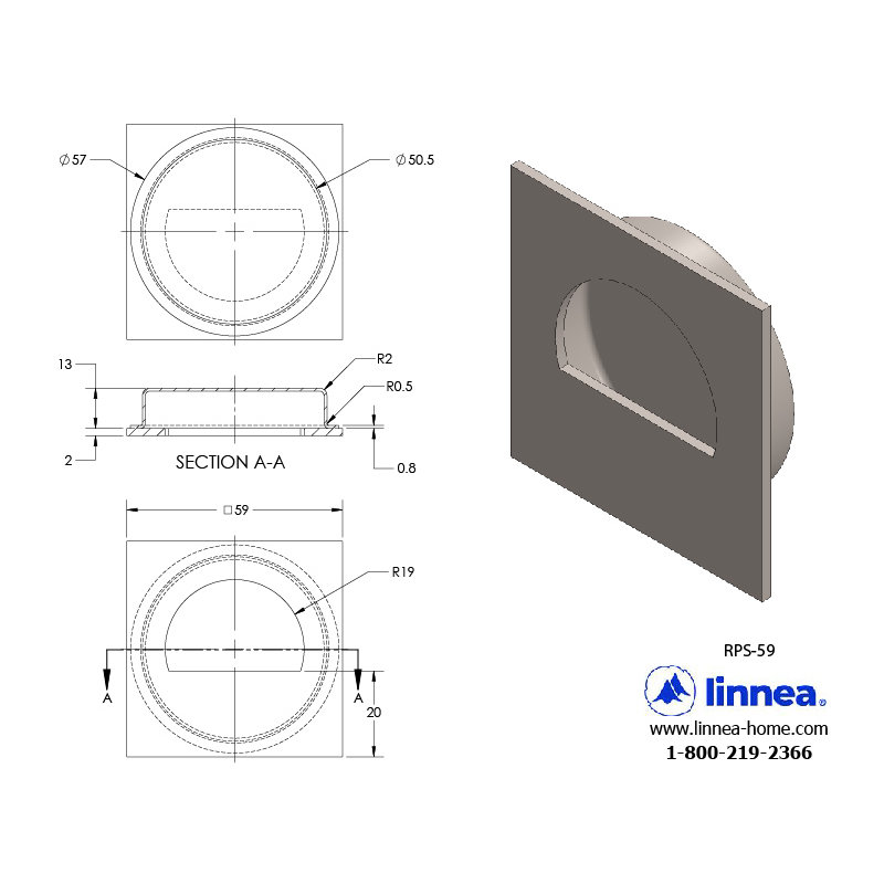 Recessed Pull Plate, Satin Stainless Steel, 2.32" H x 2.32" W x 1" D
