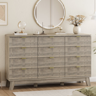 Fluted 12-Drawer Dresser for Bedroom,57"Wide Chest of Drawers With  Metal Handle，Sturdy table legs，Large Storage Dresser for Living Room