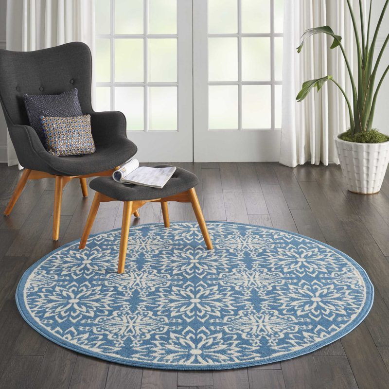 Tapis floral ivoire / bleu Yurig, Rond 5 pi 3 po