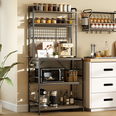 Bakers Rack with Power Outlet Industrial Coffee Bar Grey