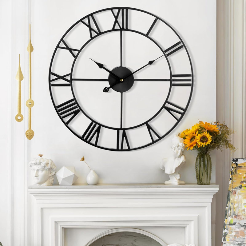 Large Silent Wall Clock With Roman Numerals - Vintage Modern Design Metal Wall Clock For Living Room, Bedroom, Office - Battery Operated, Non-Ticking Sweeping Movement