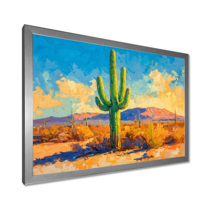 Saguaro dans la lumière dorée II - cactus, art mural, Argent argent, Cadre simple, H 16 po x l 32 po