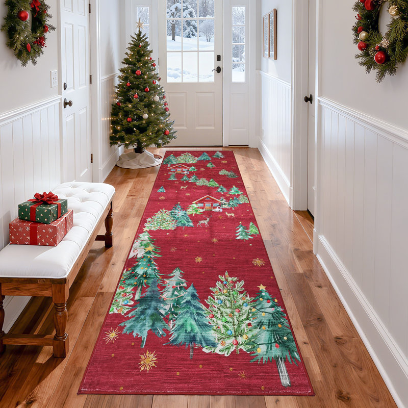Christmas Washable Non-Slip Christmas Area Rug with Santa, Christmas Tree and Reindeer Pattern, Holiday Rug for Kitchen, Entryway, Living Room and Bedroom