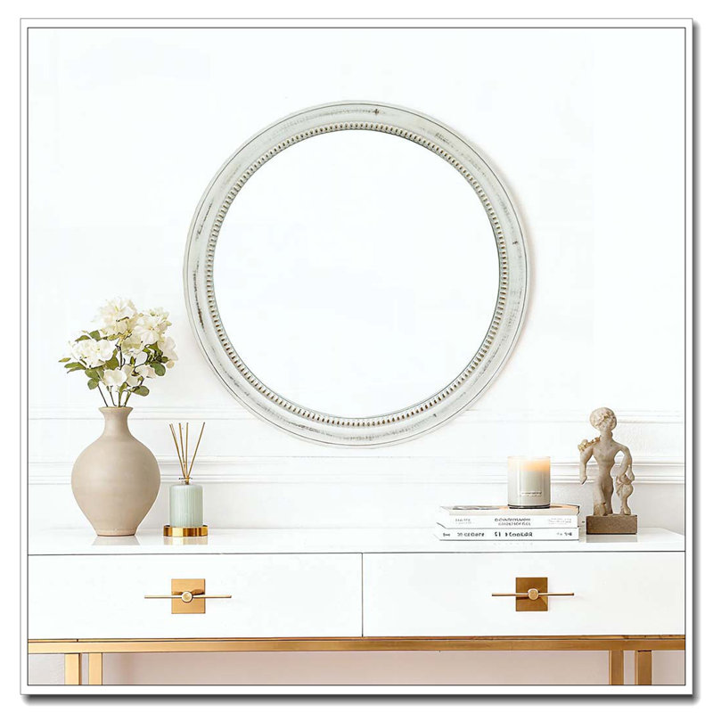 Round Distressed Wood Beaded Wall Mirror, 23.62" Farmhouse Vintage Accent Mirror For Bathroom, Bedroom, Entryway, Rustic Decorative Mirror