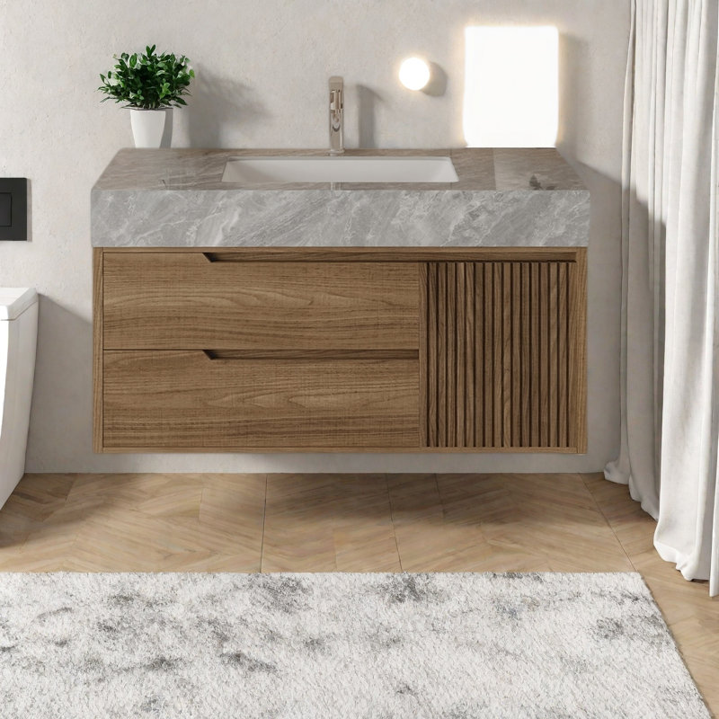 Meuble-lavabo mural 36 po avec plateau en pierre frittée, tiroirs et rangement pour armoire
