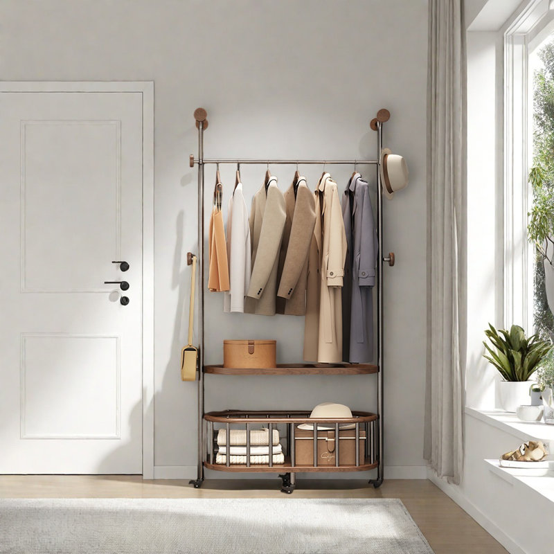 Élégante garde-robe avec paniers à tablettes, Noyer